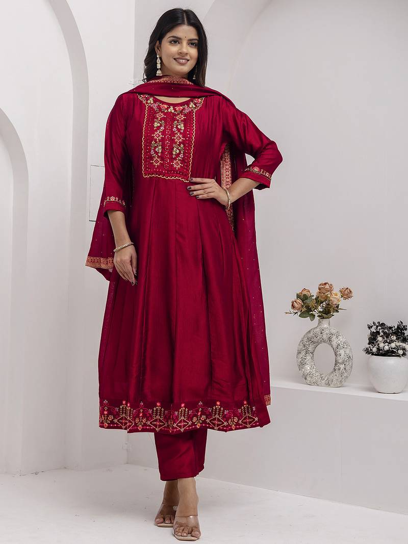 red fancy silk kurta set