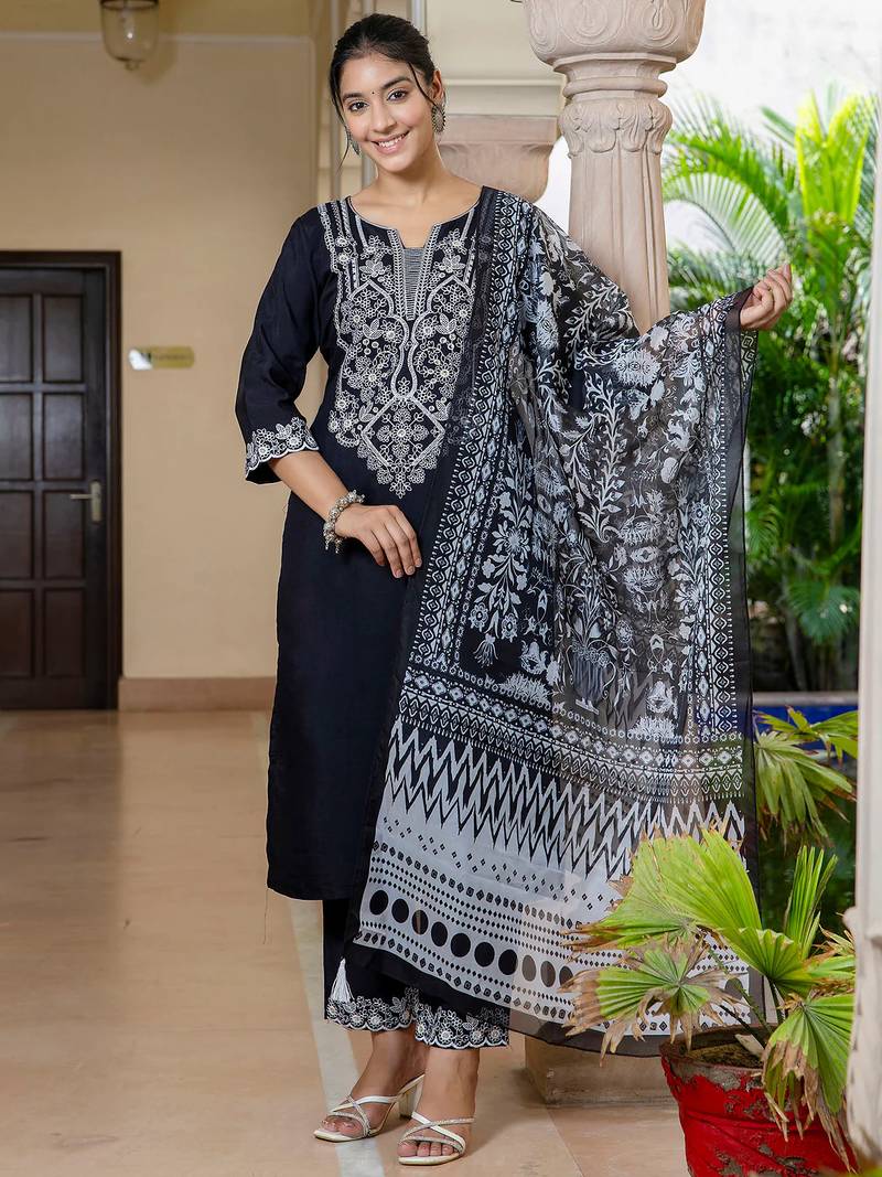 black fancy silk blend kurta set