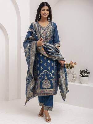 teal fancy jacquard kurta set 1