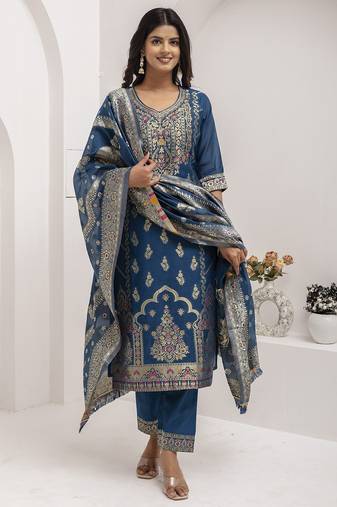 teal fancy jacquard kurta set