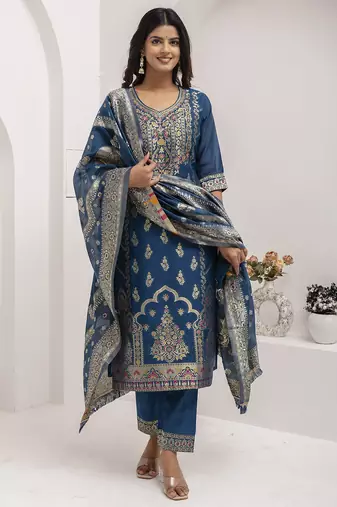 teal fancy jacquard kurta set