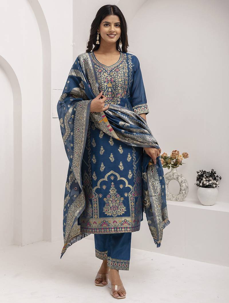 teal fancy jacquard kurta set