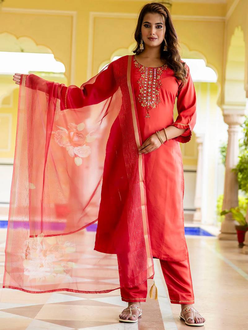 peach fancy viscose rayon kurta set