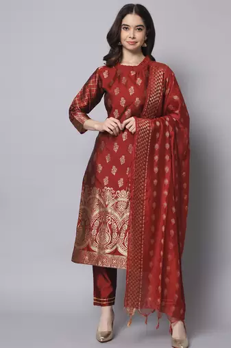 maroon fancy cotton silk kurta set