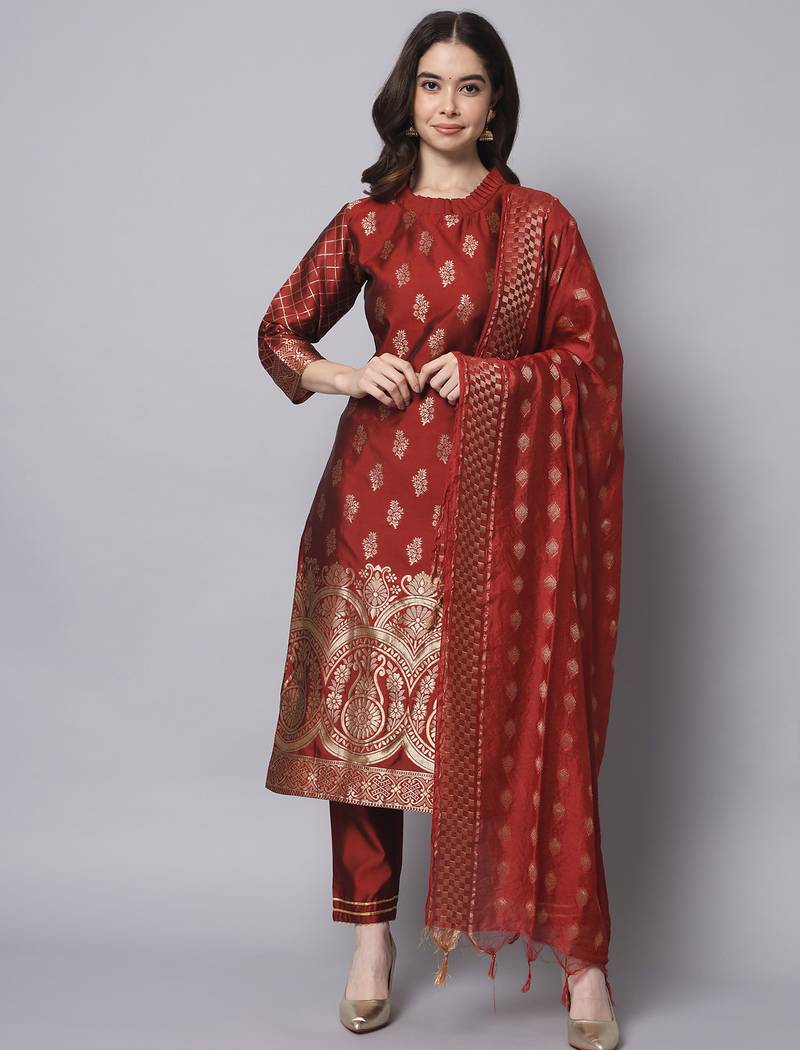 maroon fancy cotton silk kurta set