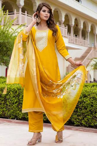 yellow fancy viscose rayon kurta set