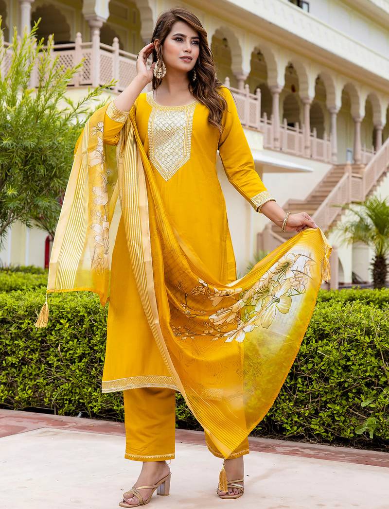 yellow fancy viscose rayon kurta set