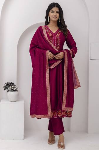 scarlet-red fancy silk kurta set