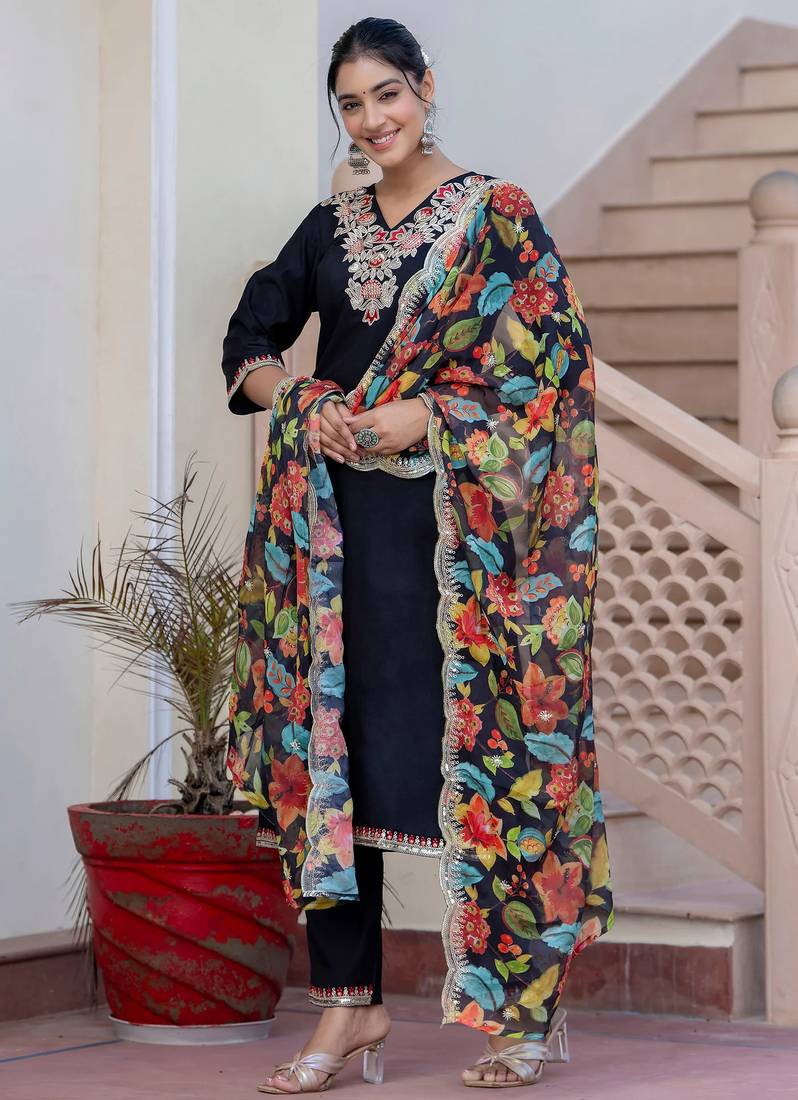 black fancy silk blend kurta set
