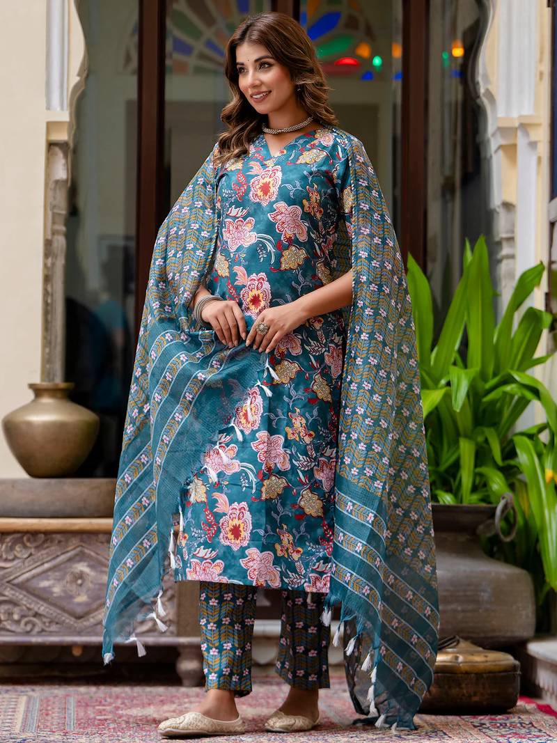 multicolor fancy blended cotton kurta set
