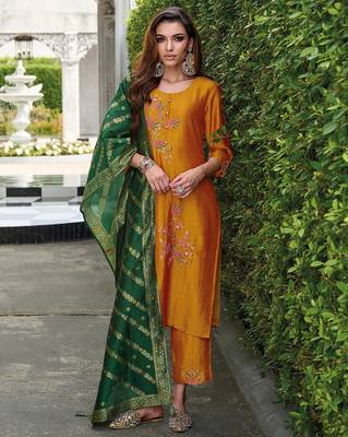 mustard fancy silk kurta set 1