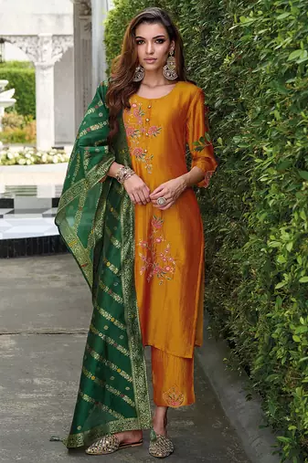 mustard fancy silk kurta set