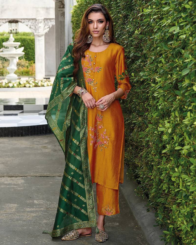 mustard fancy silk kurta set