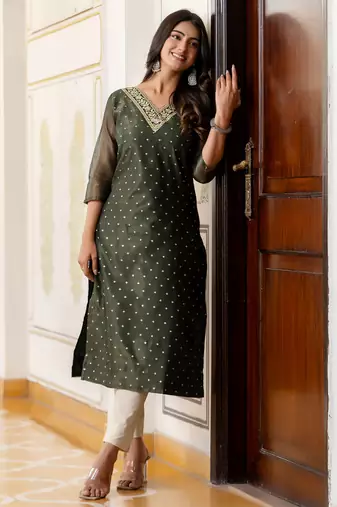 green fancy silk blend kurta set