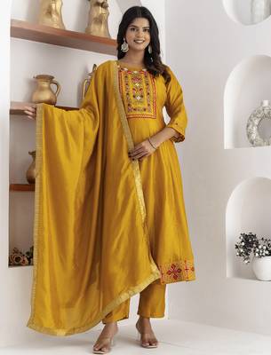 yellow fancy silk kurta set 2