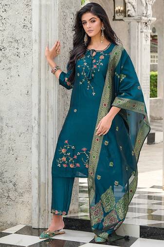 teal fancy silk kurta set