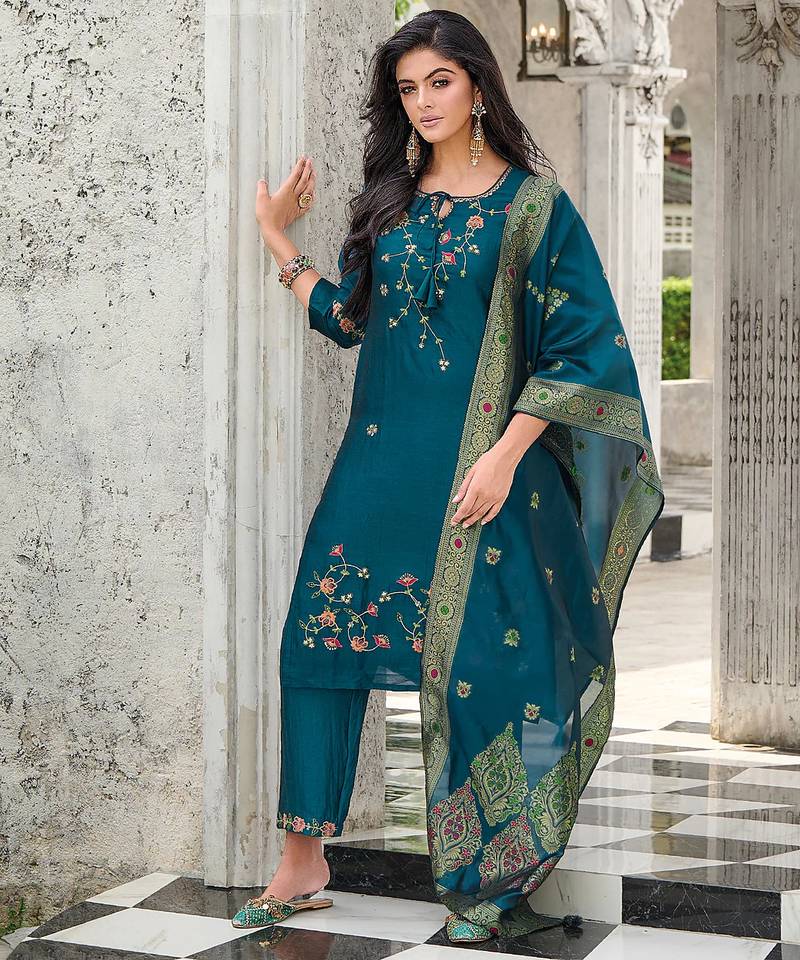 teal fancy silk kurta set