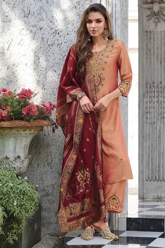 peach fancy silk kurta set