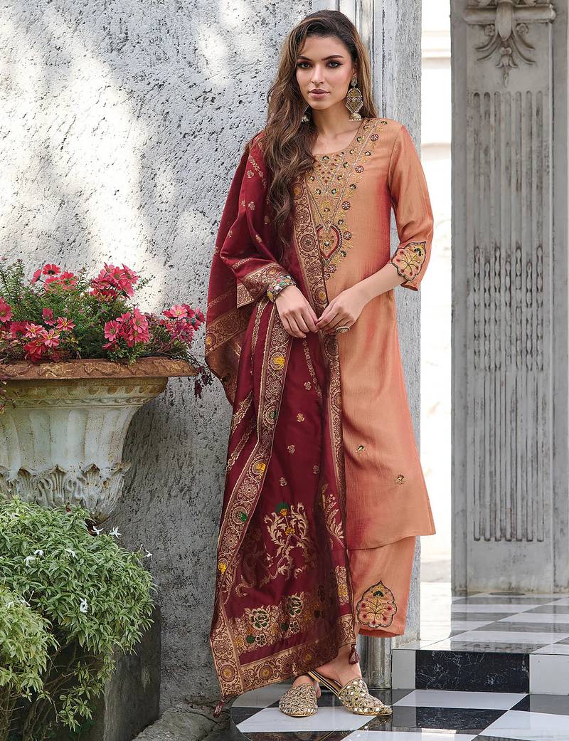 peach fancy silk kurta set