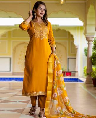 mustard fancy viscose rayon kurta set 2