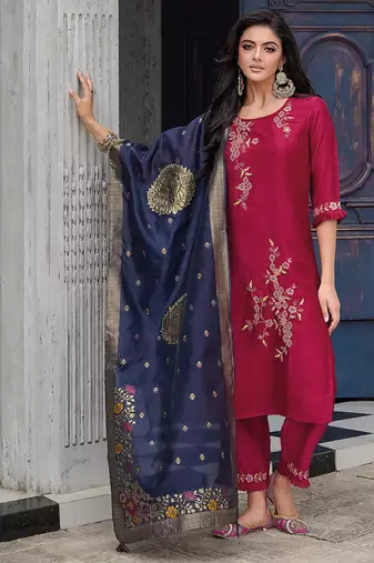 scarlet-red fancy silk kurta set