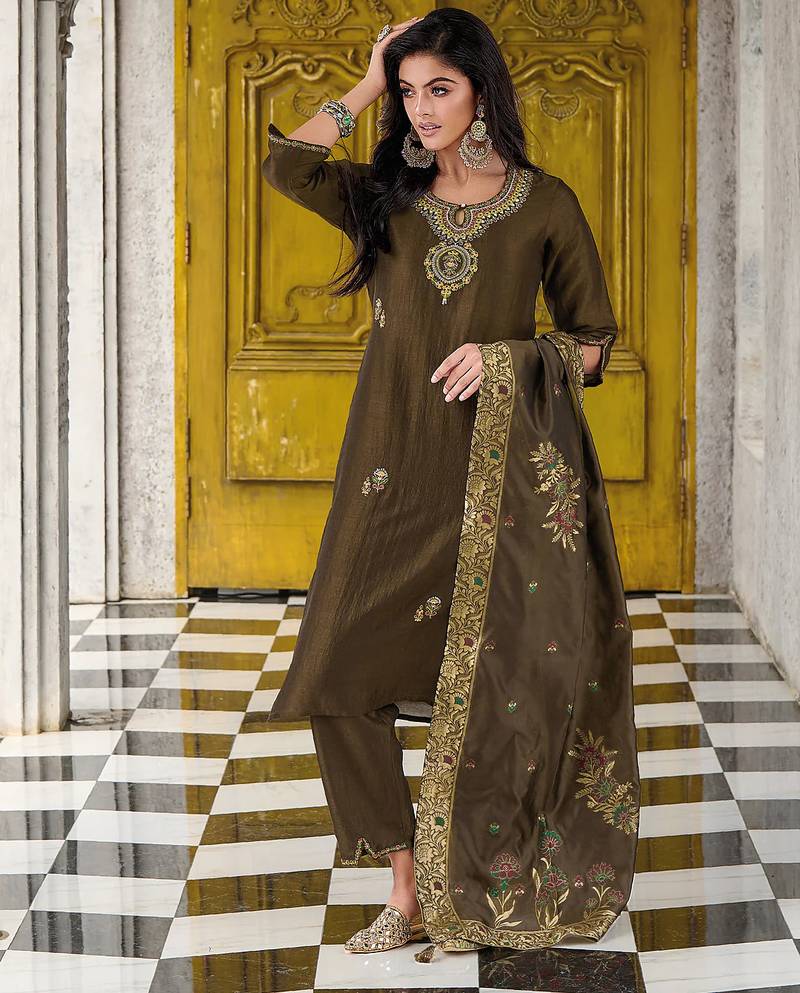 slate-grey fancy silk kurta set