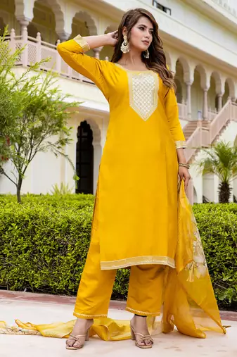 yellow fancy viscose rayon kurta set