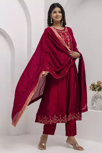 red fancy silk kurta set