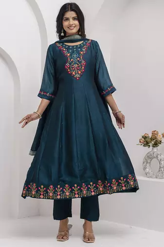 teal fancy silk kurta set