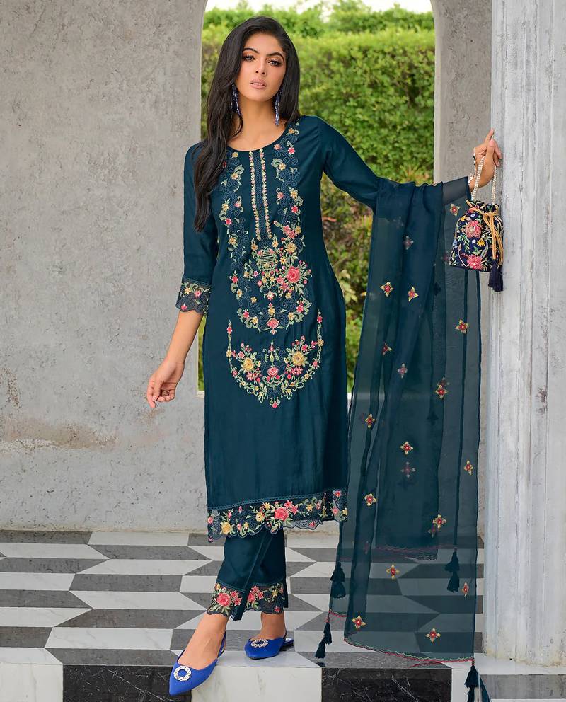 teal fancy pure viscose kurta set