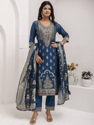 teal fancy jacquard kurta set 2