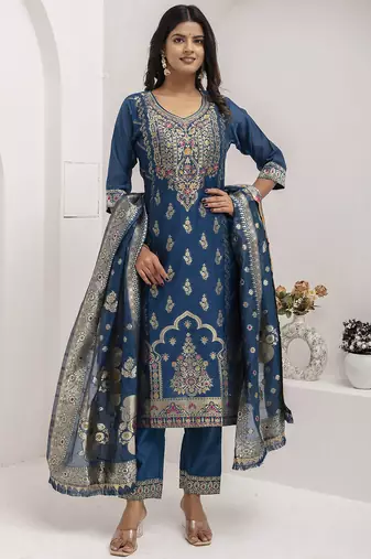 teal fancy jacquard kurta set