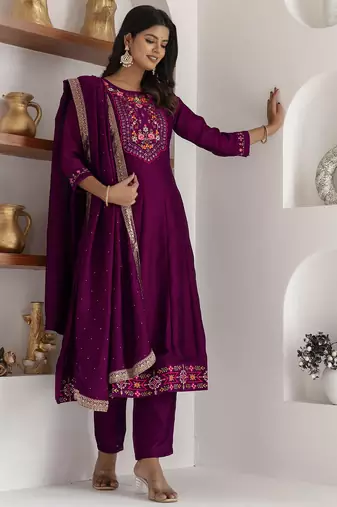 purple fancy silk kurta set