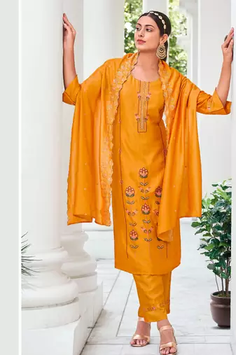 Yellow venetian silk designer festive wear readymade suit