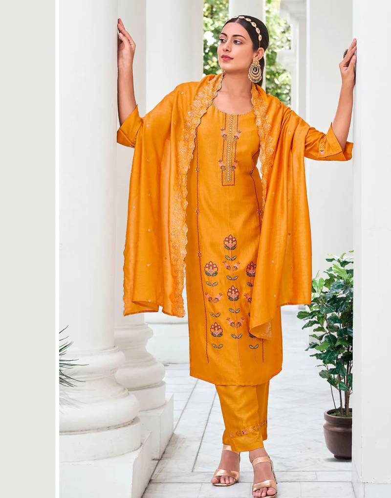 Yellow venetian silk designer festive wear readymade suit