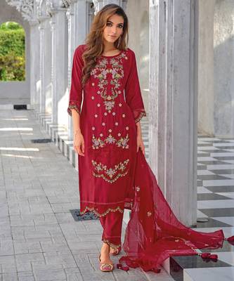 Maroon silk blend designer festive wear readymade suit 1