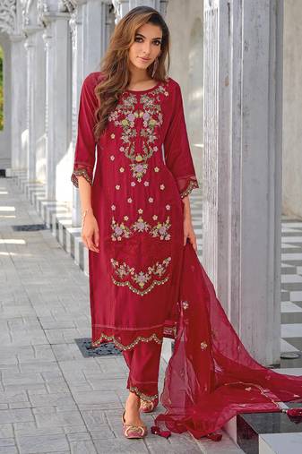 Maroon silk blend designer festive wear readymade suit