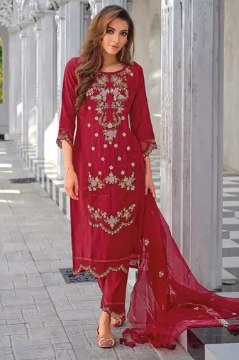 Maroon silk blend designer festive wear readymade suit
