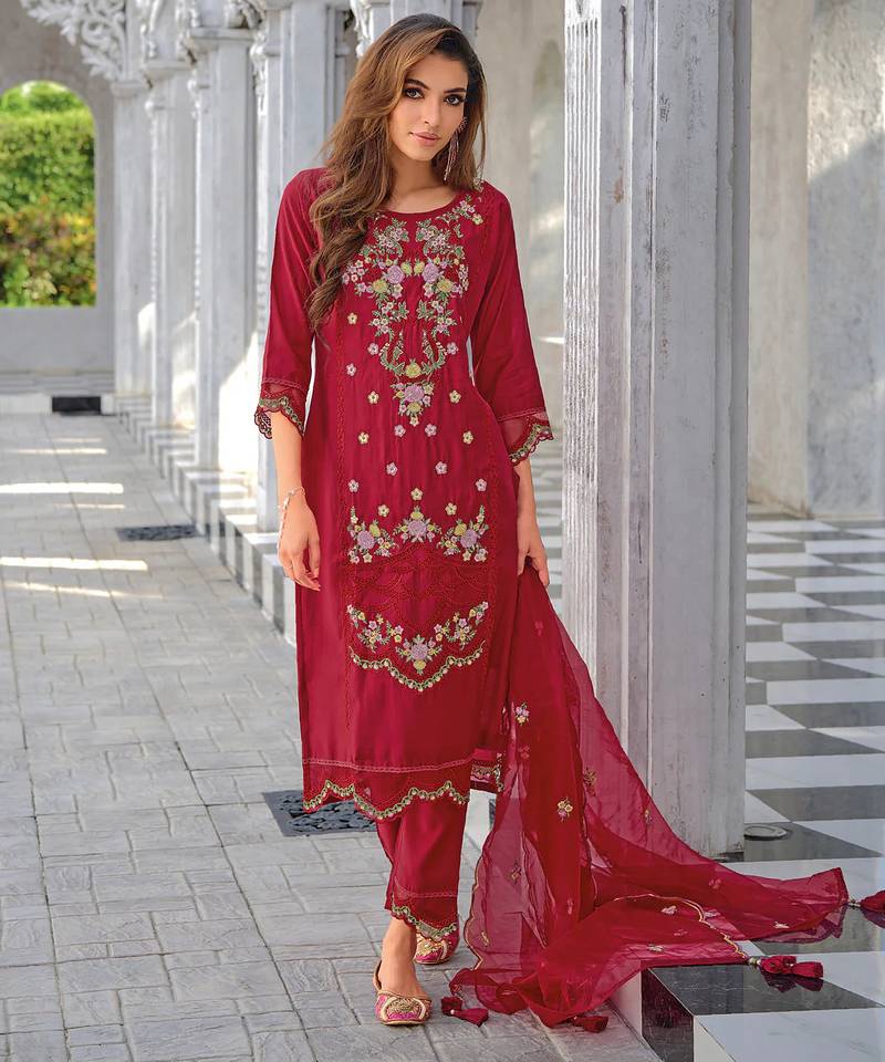 Maroon silk blend designer festive wear readymade suit