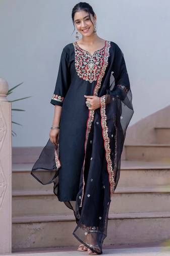 Black silk blend designer festive wear readymade suit