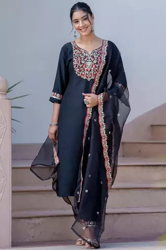 Black silk blend designer festive wear readymade suit