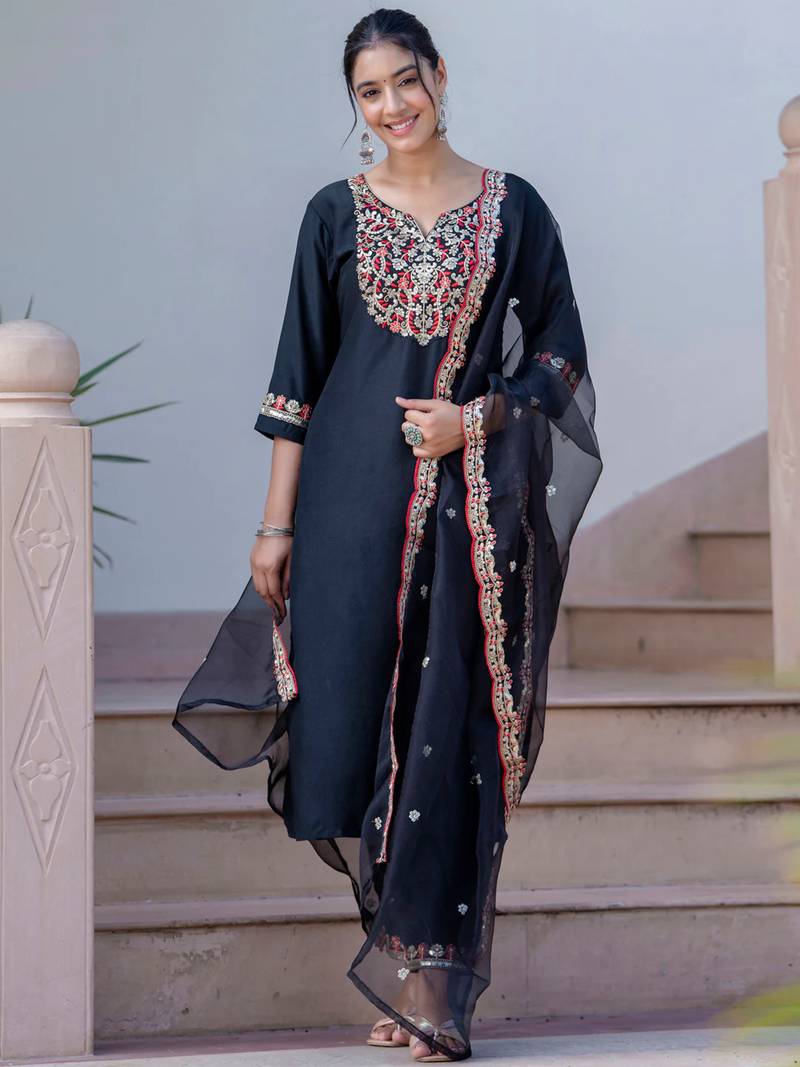Black silk blend designer festive wear readymade suit