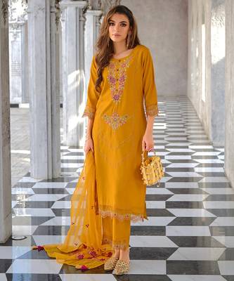 yellow fancy pure viscose kurta set 1