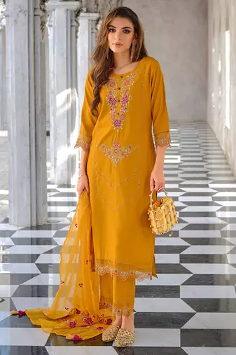 yellow fancy pure viscose kurta set