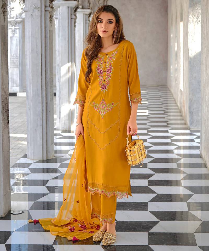 yellow fancy pure viscose kurta set