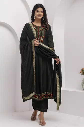 green fancy silk kurta set
