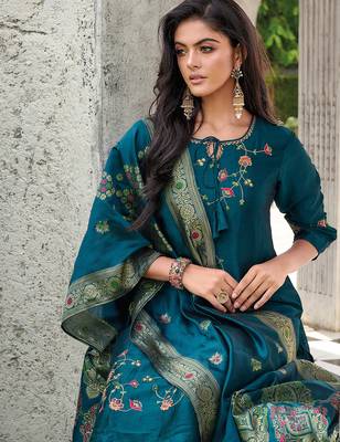 teal fancy silk kurta set 2