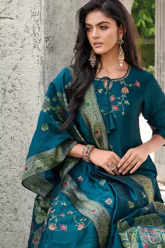teal fancy silk kurta set