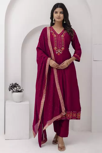 scarlet-red fancy silk kurta set