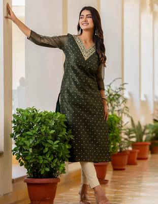 green fancy silk blend kurta set 3